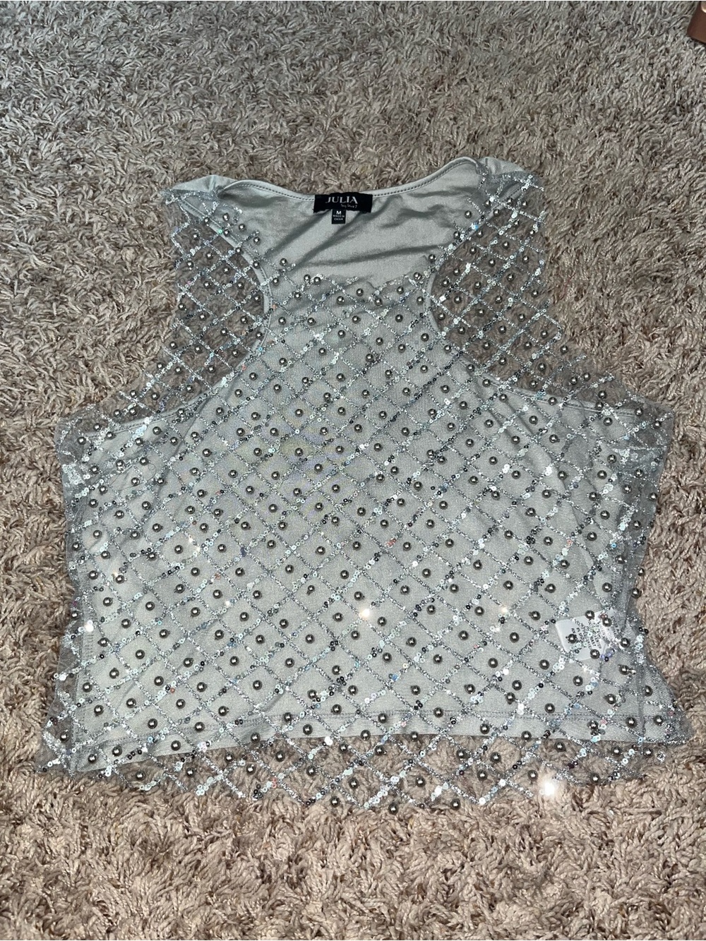 Silver Beaded Mesh Sleeveless Top